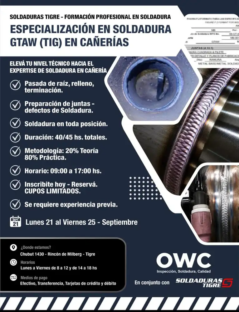Especialización en Soldadura GTAW TIG en Cañerías – OWC y Soldaduras Tigre