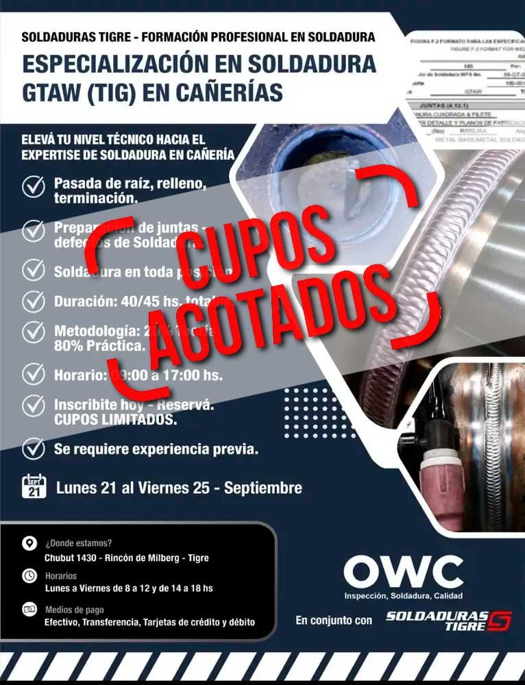 Especialización en Soldadura GTAW TIG en Cañerías – OWC y Soldaduras Tigre